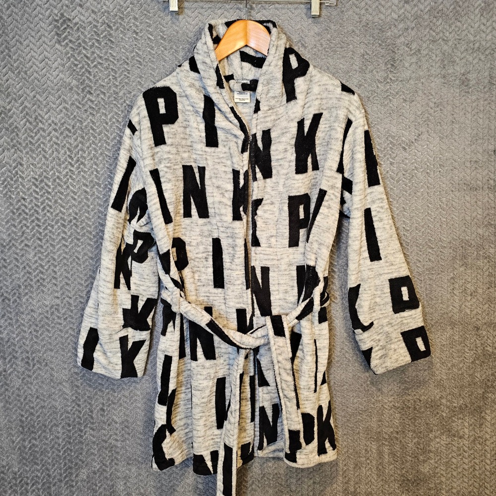 Victoria's Secret PINK Plush Logo‎ Robe Grey Black XS/S Shawl Collar Tie Belt